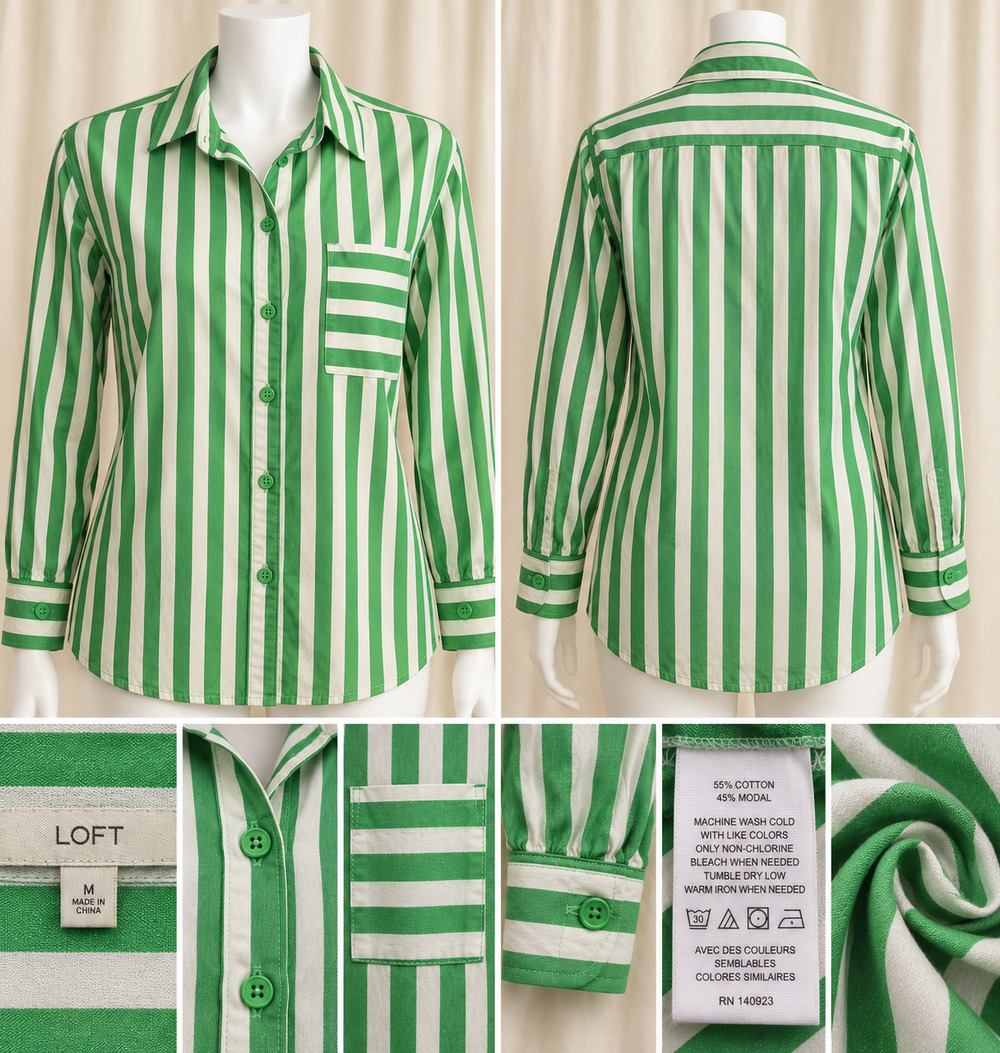 LOFT Size M Green White Striped Button Up Shirt Academia Preppy Eclectic Twee l